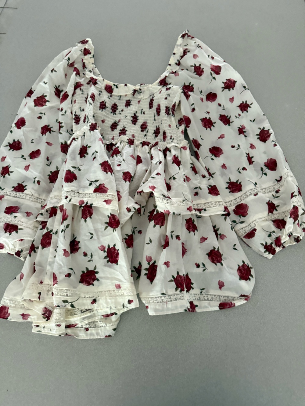 White Floral Smocked Women’s Blouse with Red Rose Print
